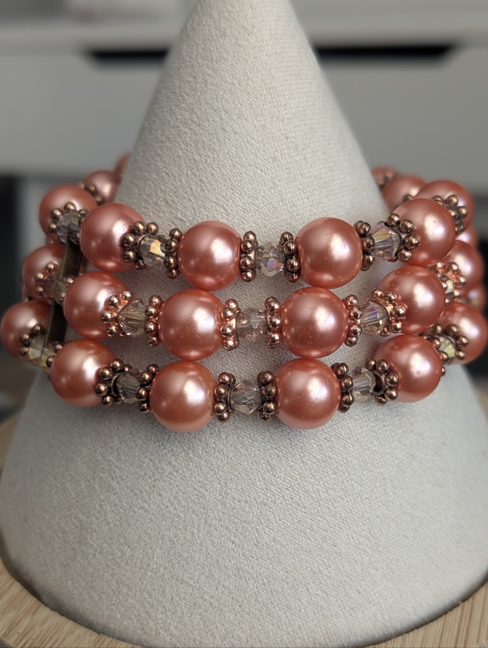 3-Row Faux Pearl & Crystal Stretch Bracelet | Peach Coral Tone | 6.5” Fit